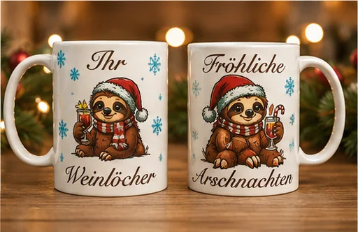 Weihnachtliche Tassen mit Faultier-Motiven – Sublimationsdruck